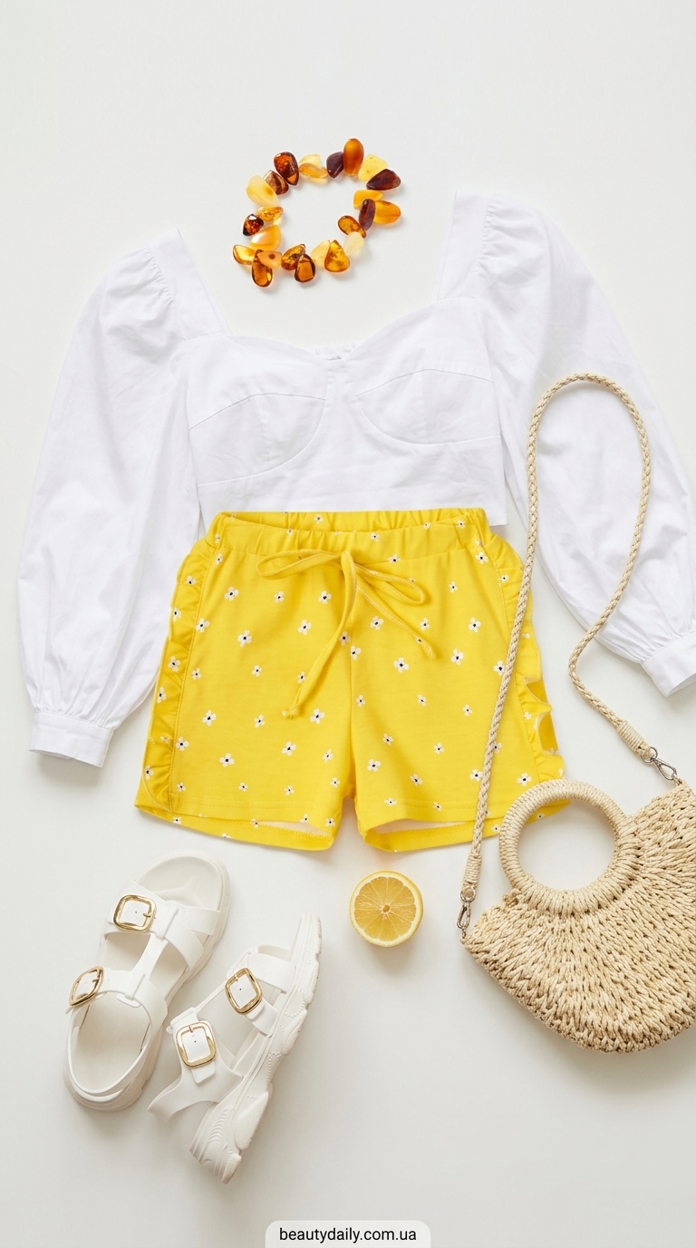Модні шорти 2026: Жовті квіткові шорти-кюлоти для літнього пікніка.