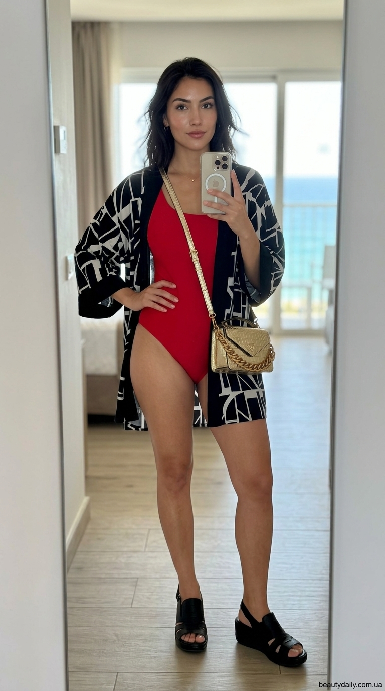 Елегантний пляжний одяг для жінок: червоний купальник, чорна накидка-кімоно, золоті аксесуари для вечірньої вечірки.