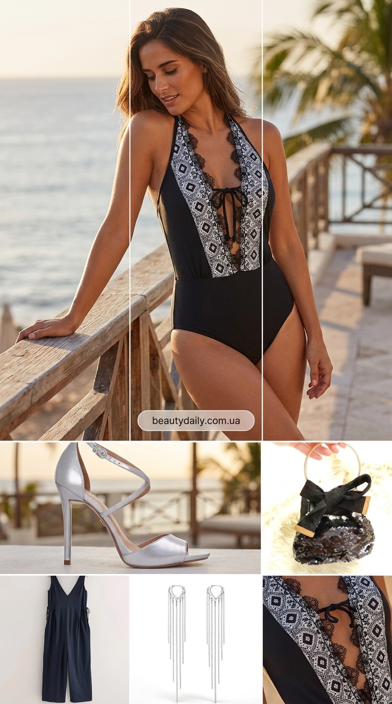 Спокусливий пляжний одяг для жінок: чорний боді, темно-синій комбінезон, сріблясті аксесуари для вечірньої вечірки.