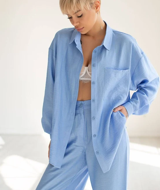 top Рубашка из льна (голубой) Шикарные Меха $1099