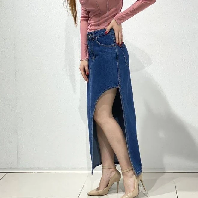 skirt Спідниця міді денім з вирізом (синій) Шикарные Меха $1499