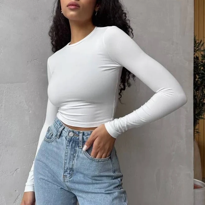 top Жіночий базовий кроп топ лонгслів з довгим рукавом Білий s-shoco.com.ua $390