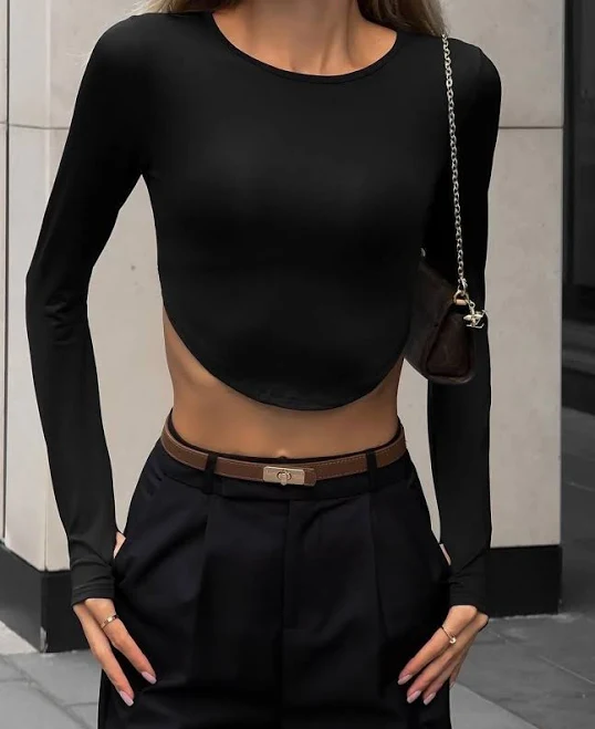 long sleeve top Жіночий облягаючий топ з довгим рукавом, колір чорний 42 Лимон $530