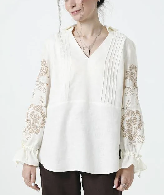 top Довга вишита лляна жіноча блуза-вишиванка з широкими рукавами та квітковою вишивкою Аннета. Бежевий, р.54, код 9470/54/1403 Галерея Льону $3990