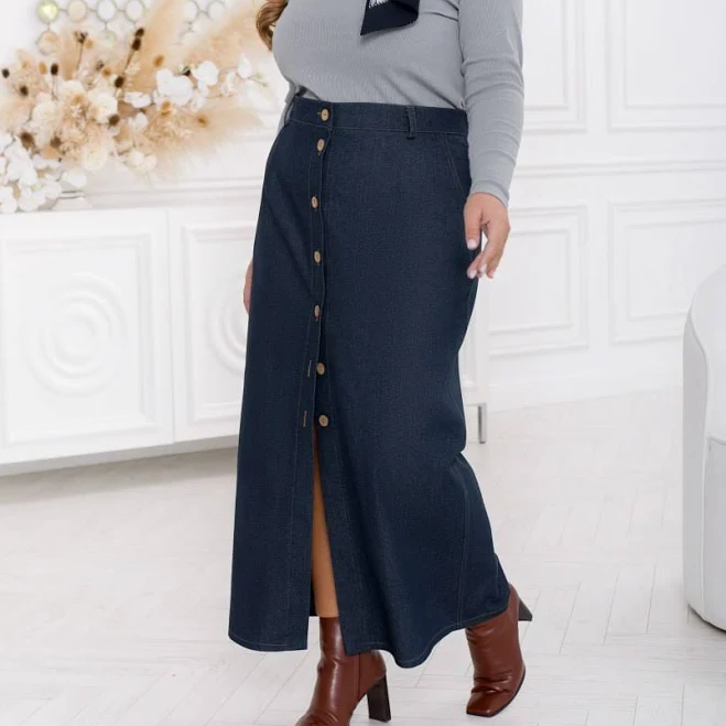 skirt Стильна джинсова спідниця максі з розрізом із щільного деніму, Темно-синій, 66/68 miss style $1410