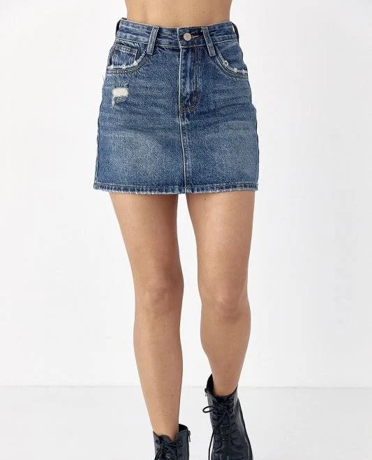 skirt Міні-спідниця джинсова з потертостями 7153 темно-синій Onelook - жіночий одяг $1150