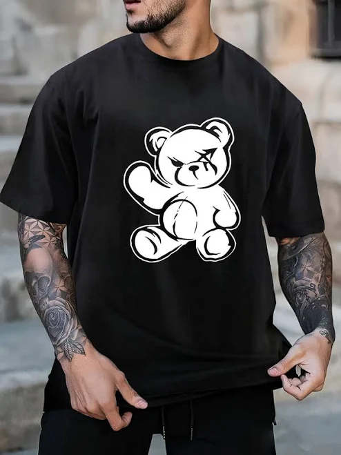top Чоловіча Чорна Футболка Оверсайз - Об'ємна з Принтом Ведмедиком O D I N $999