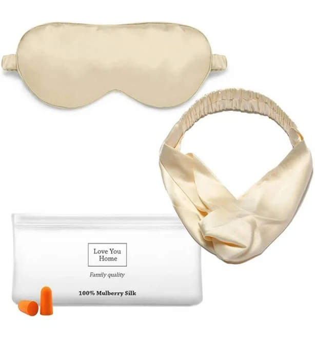 аксесуар Шовковий набір Маска для сну, повязка на голову, беруші та косметичка Love You Бежевий 100% шовк (A-023280). Маски для сну ROZETKA $1323