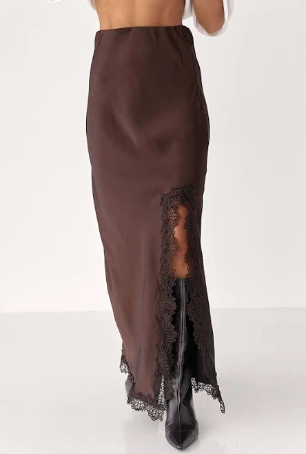 bottom Сатинова довга спідниця з розрізом - коричневий цвет, M Lurex $1230