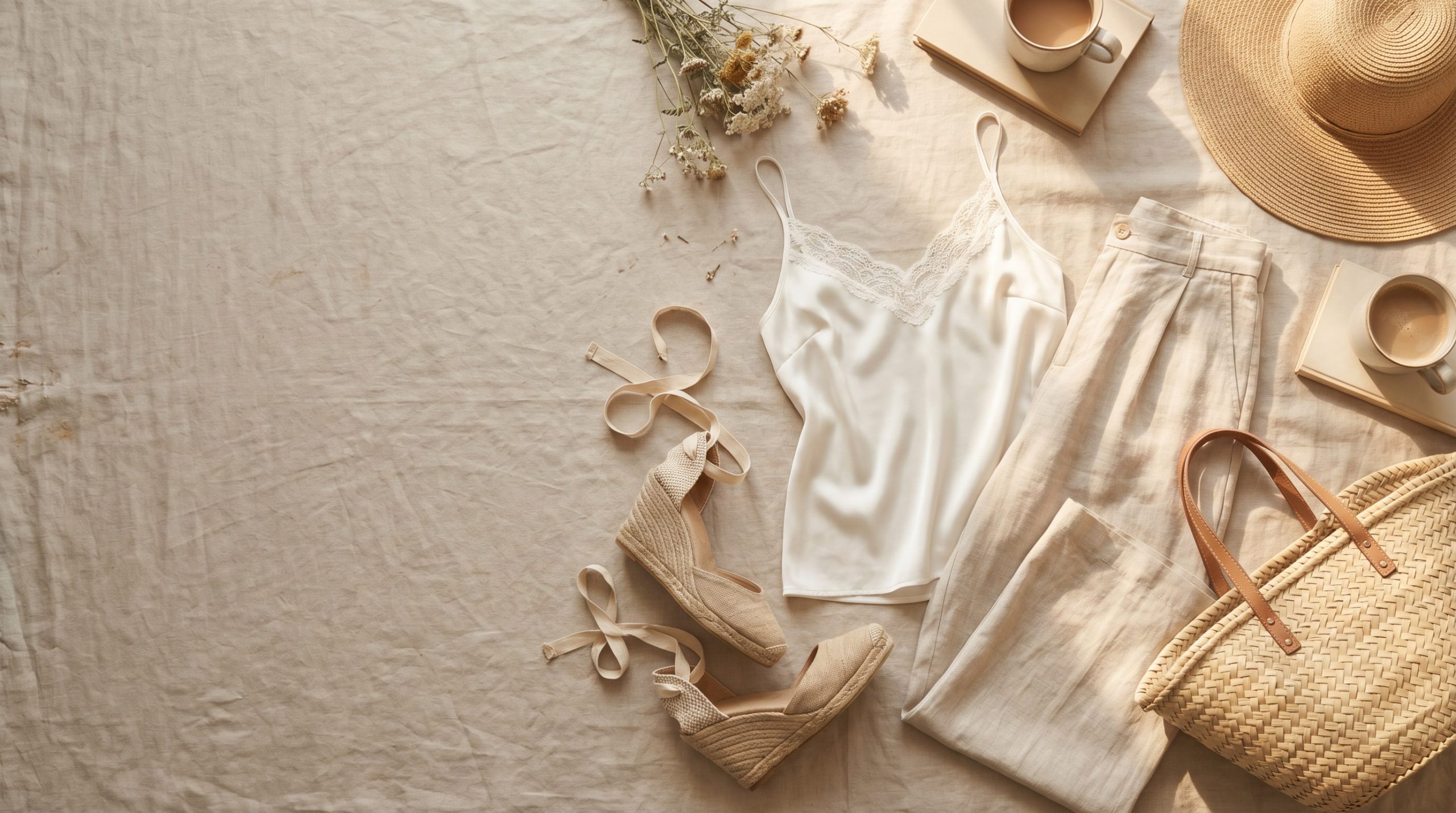 Елегантний flatlay-колаж демонструє шовкову майку з мереживом у ніжній палітрі для трендів 2026 року.