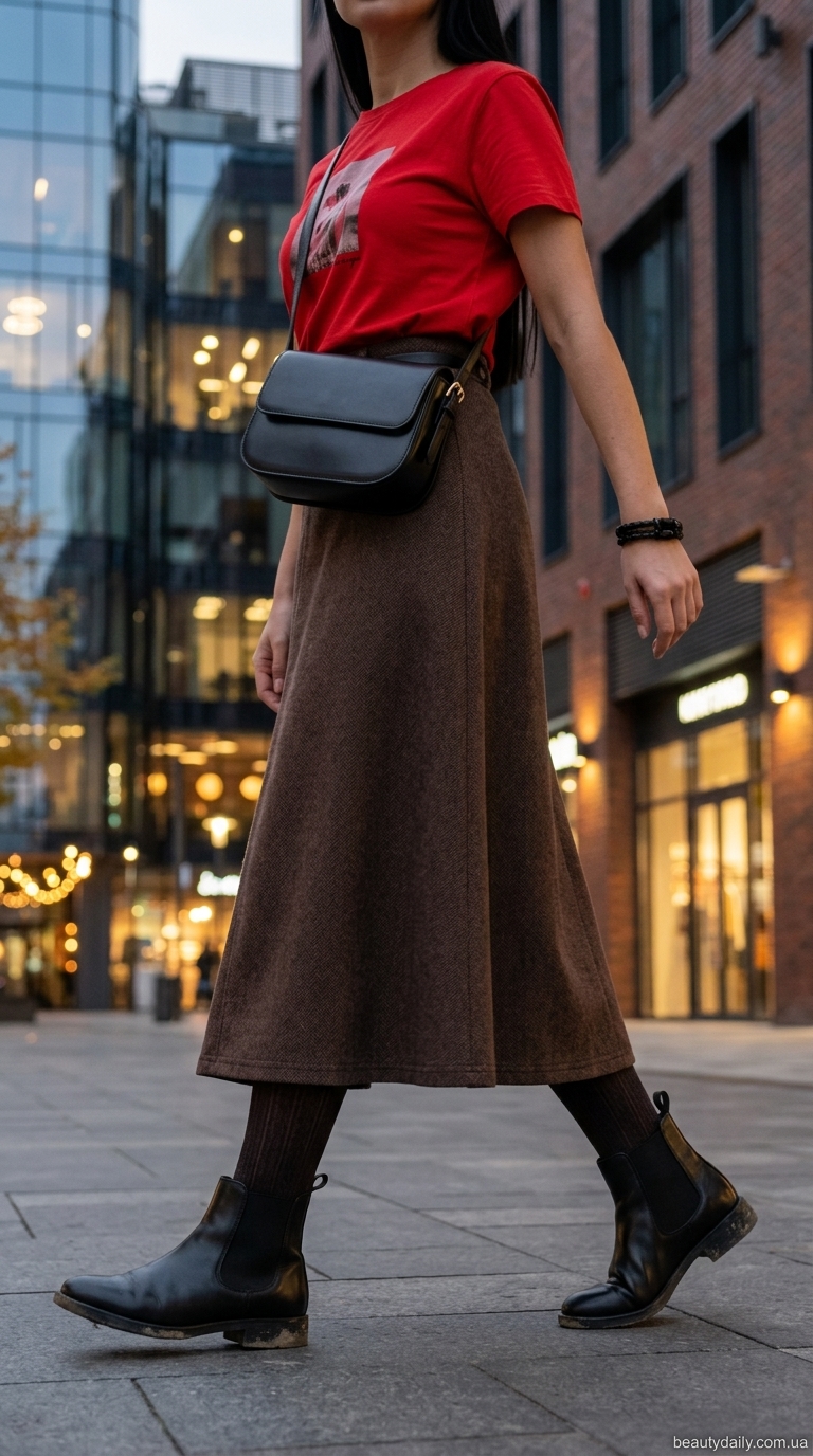 Гра текстур: червона футболка, спідниця з еко-замші, шкіряні черевики та сумка-кросбоді.