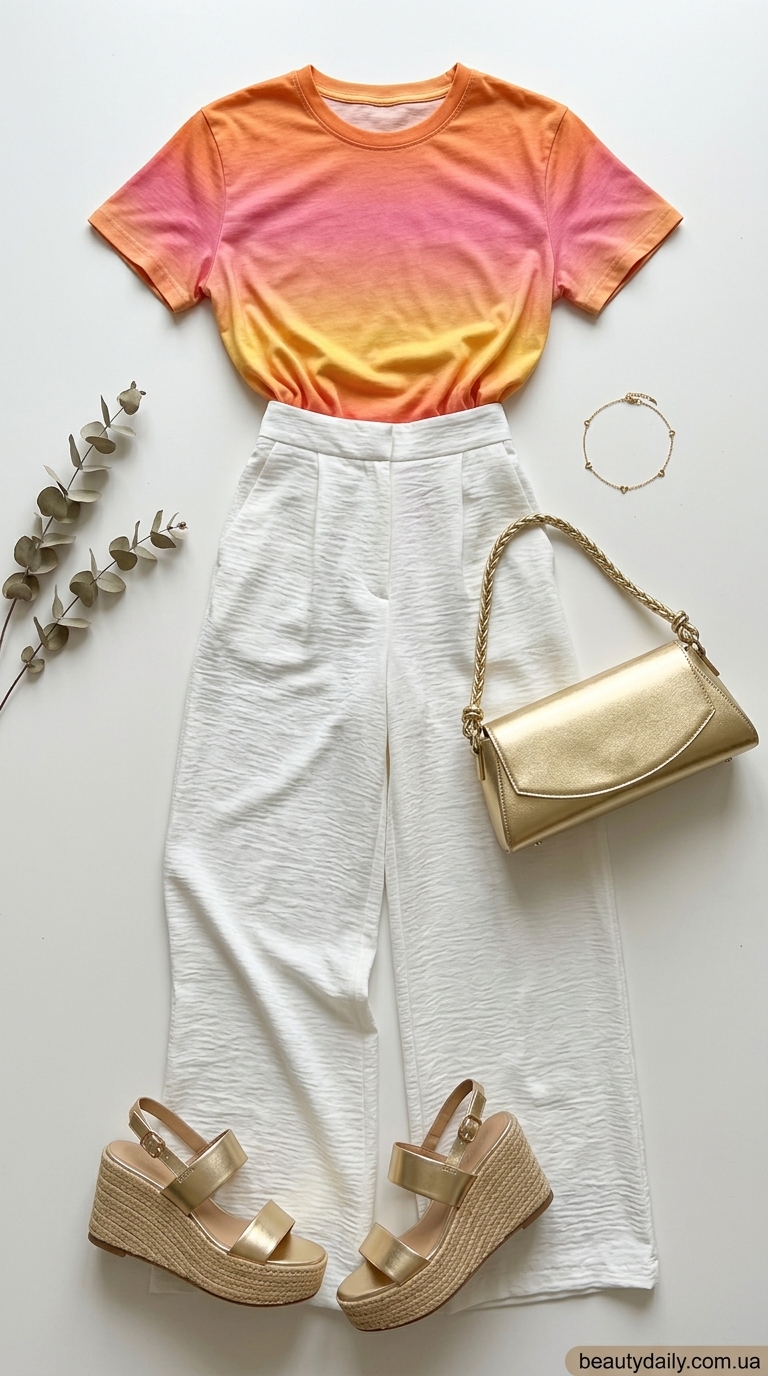 Градієнтний захід сонця: футболка з градієнтом, білі кюлоти, золоті браслети та сандалі на танкетці.