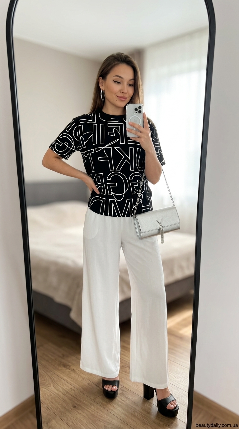 Графічний образ: чорно-біла футболка, білі штани-палаццо, срібні сережки та босоніжки.