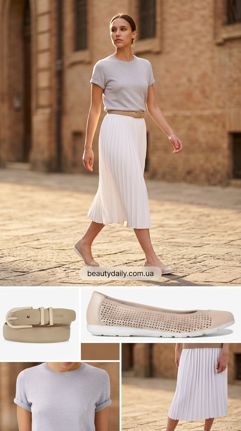 Мінімалізм: сіра футболка, біла спідниця плісе, світло-сіра сумка та бежеві балетки.