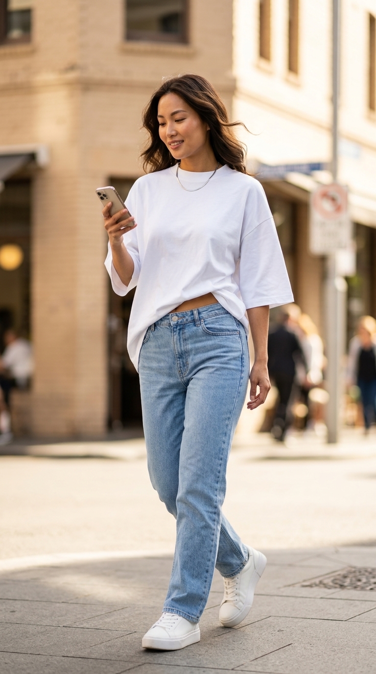 Міський шик: біла футболка, джинси прямого крою, бежева сумка-тоут та білі кеди.