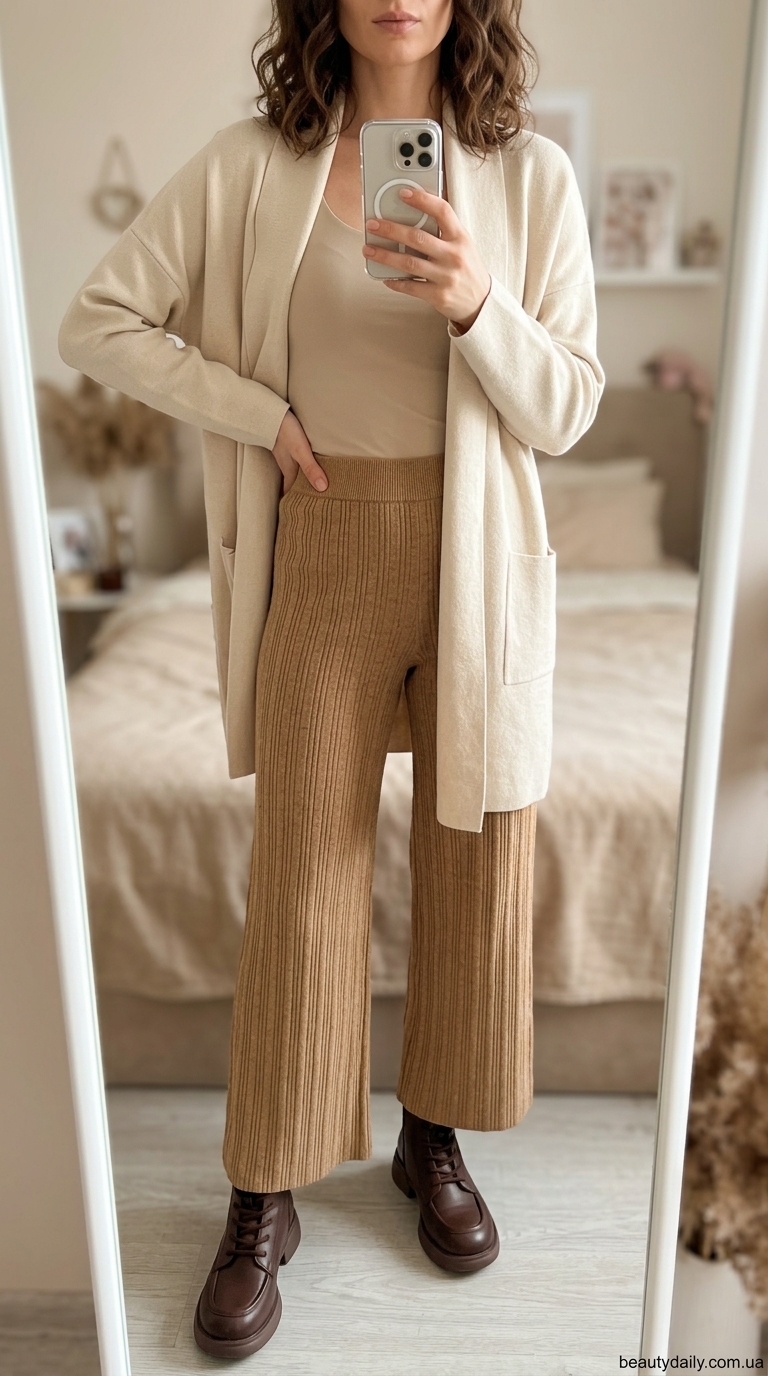 Затишний міський образ: кремова футболка з довгим рукавом, вовняний кардиган, штани-кюлоти та черевики.