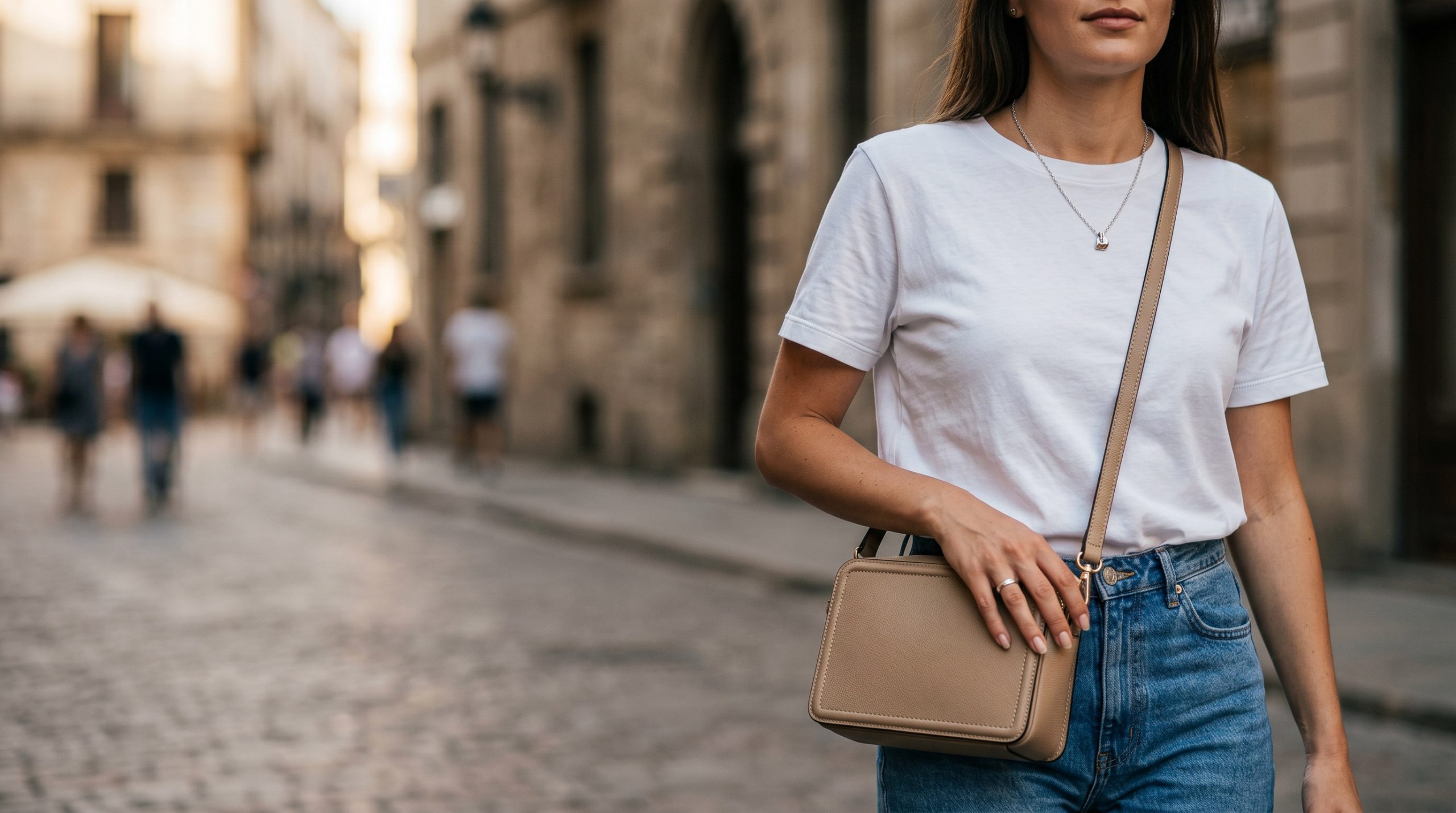 Елегантний детальний знімок стильної жіночої футболки, що демонструє якість тканини та вишуканий мінімалістичний дизайн, ідеальний для повсякденних образів 2026 року.