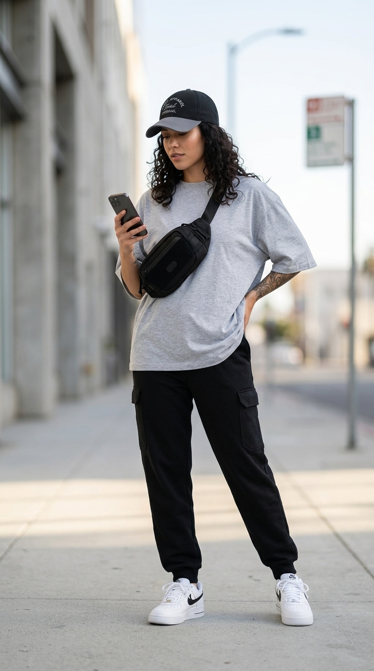 Спортивний шик: сіра футболка оверсайз, чорні джоггери, кросівки та бейсболка.