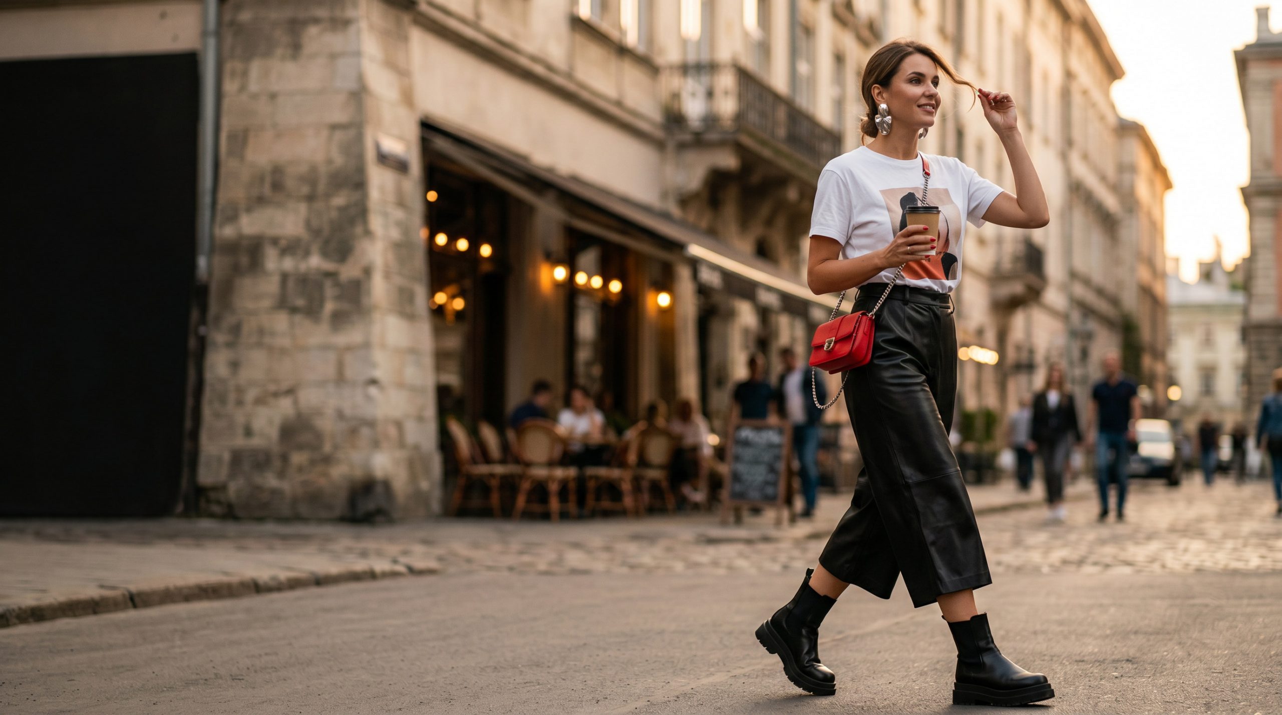Модель демонструє, як інтегрувати стильні жіночі футболки у вишуканий міський повсякденний образ 2026 року.