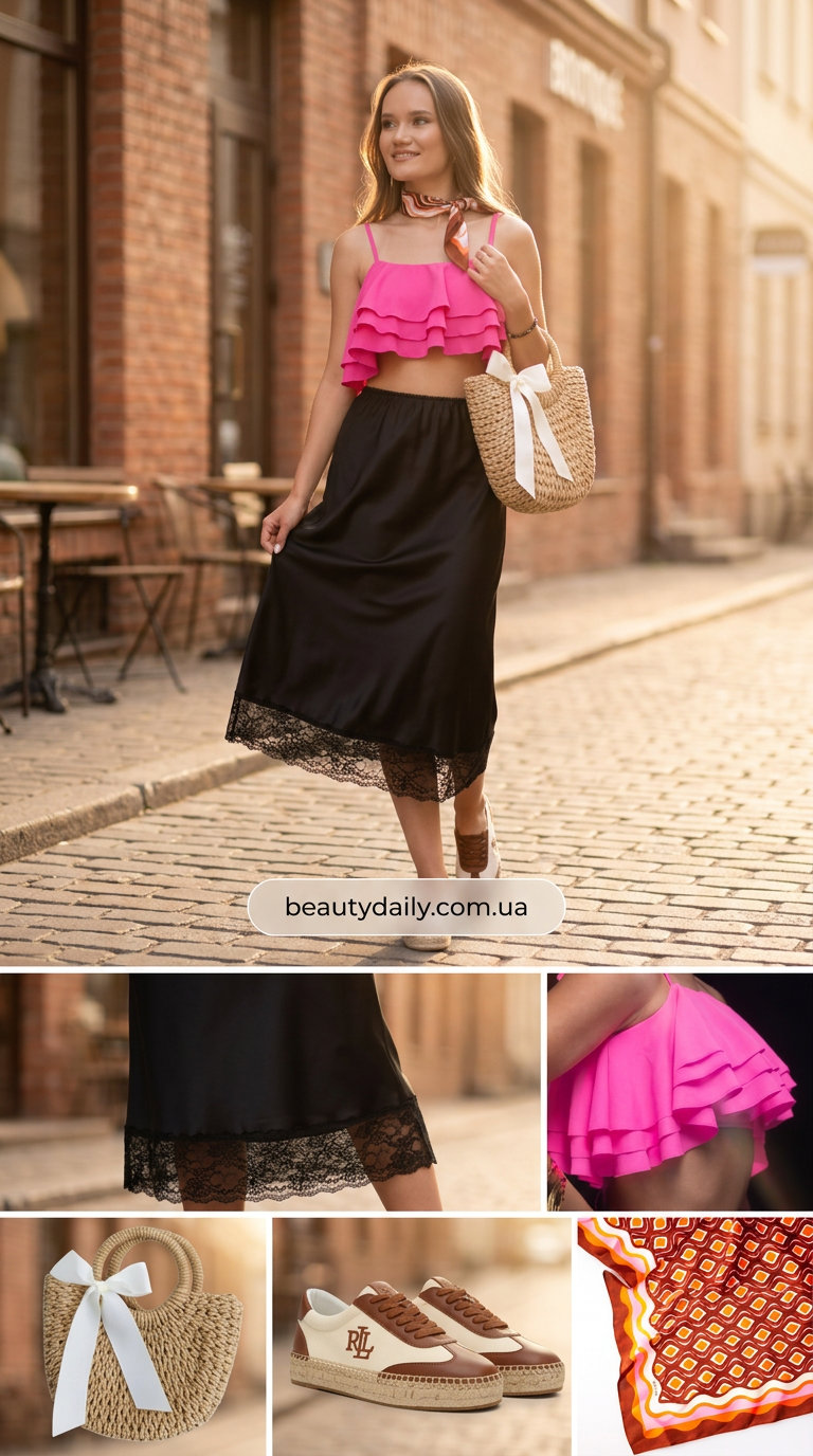 Літня прогулянка: чорна сатинова спідниця-сонце міді, рожевий кроп-топ, білі еспадрильї.