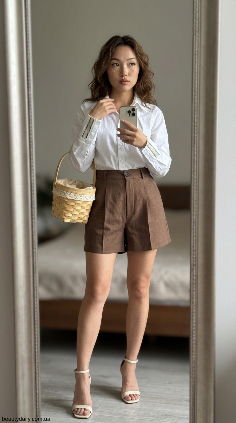 Шорти з високою талією пастельно-блакитного кольору для романтичного побачення в місті. Елегантний образ 2024.