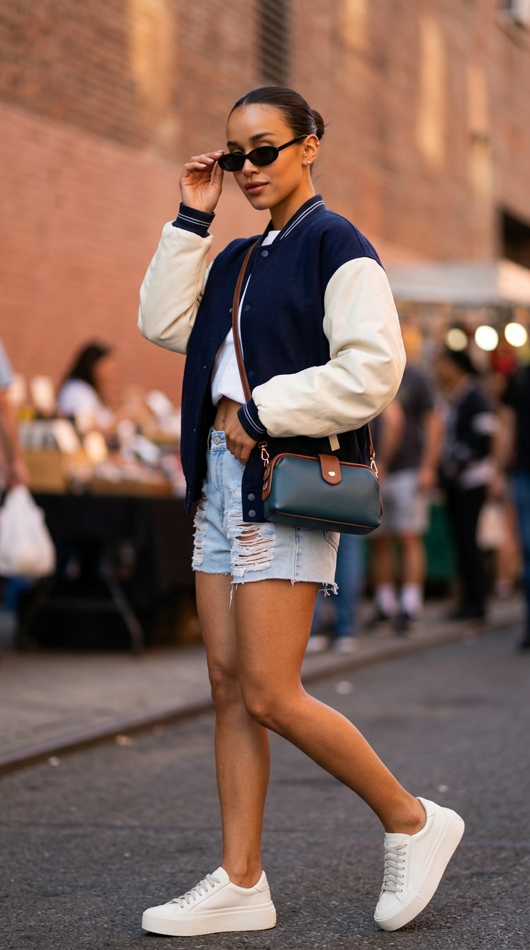 Шорти з високою талією світло-синього деніму для міського шику. Сучасний образ 2024.