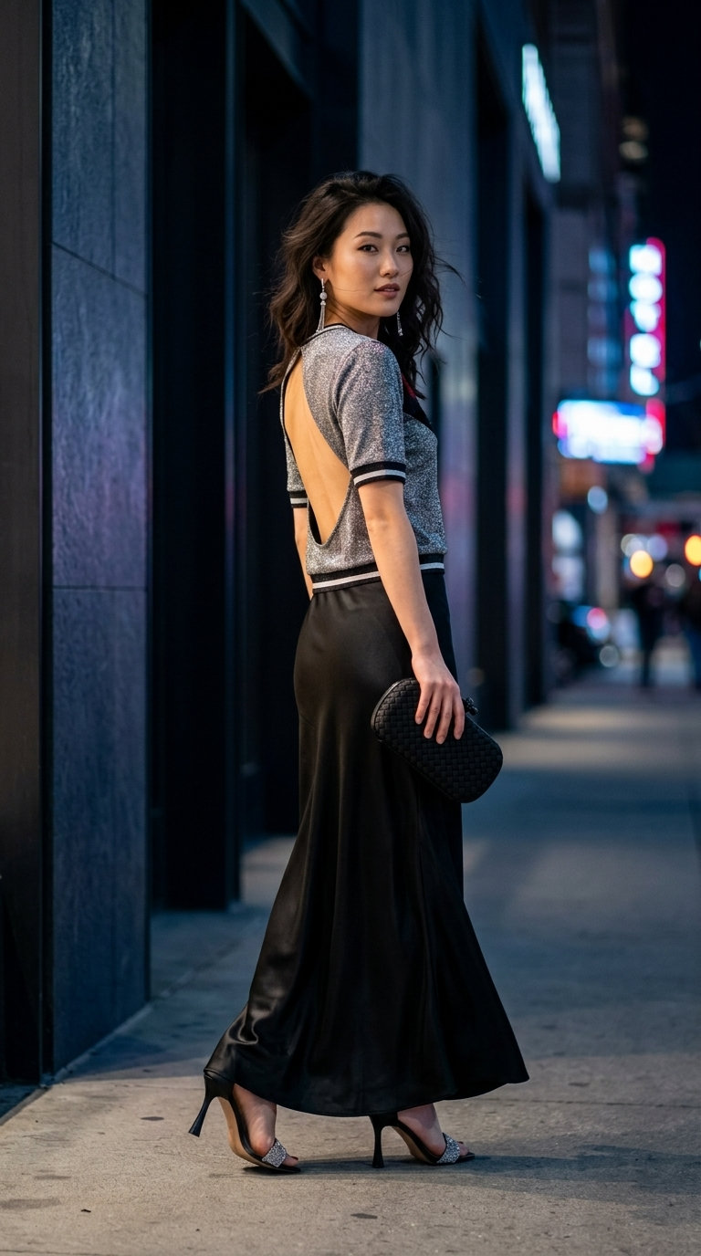 Нічне сяйво: чорна сатинова спідниця максі з розрізом, сріблястий топ з паєтками, чорні босоніжки.