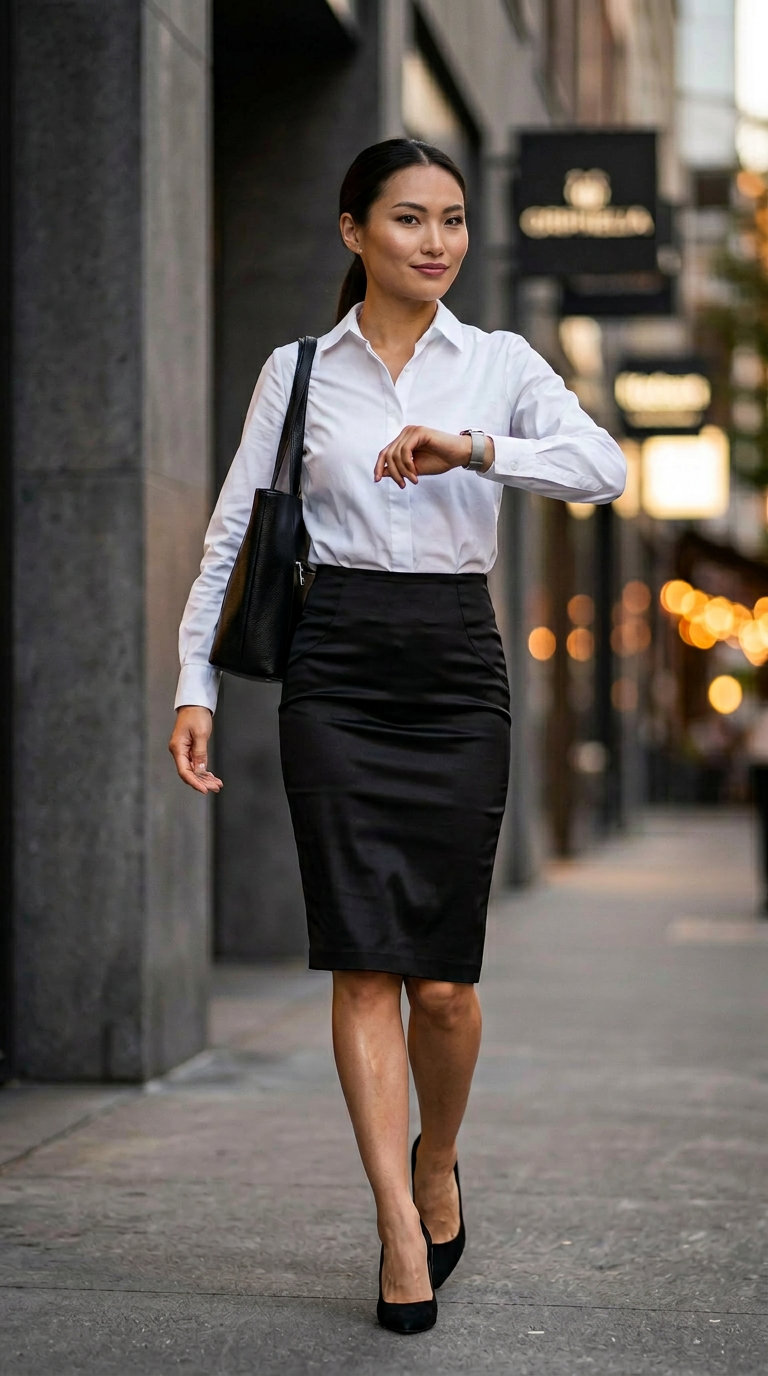 Діловий шик: чорна сатинова спідниця-олівець, біла сорочка, класичні човники.