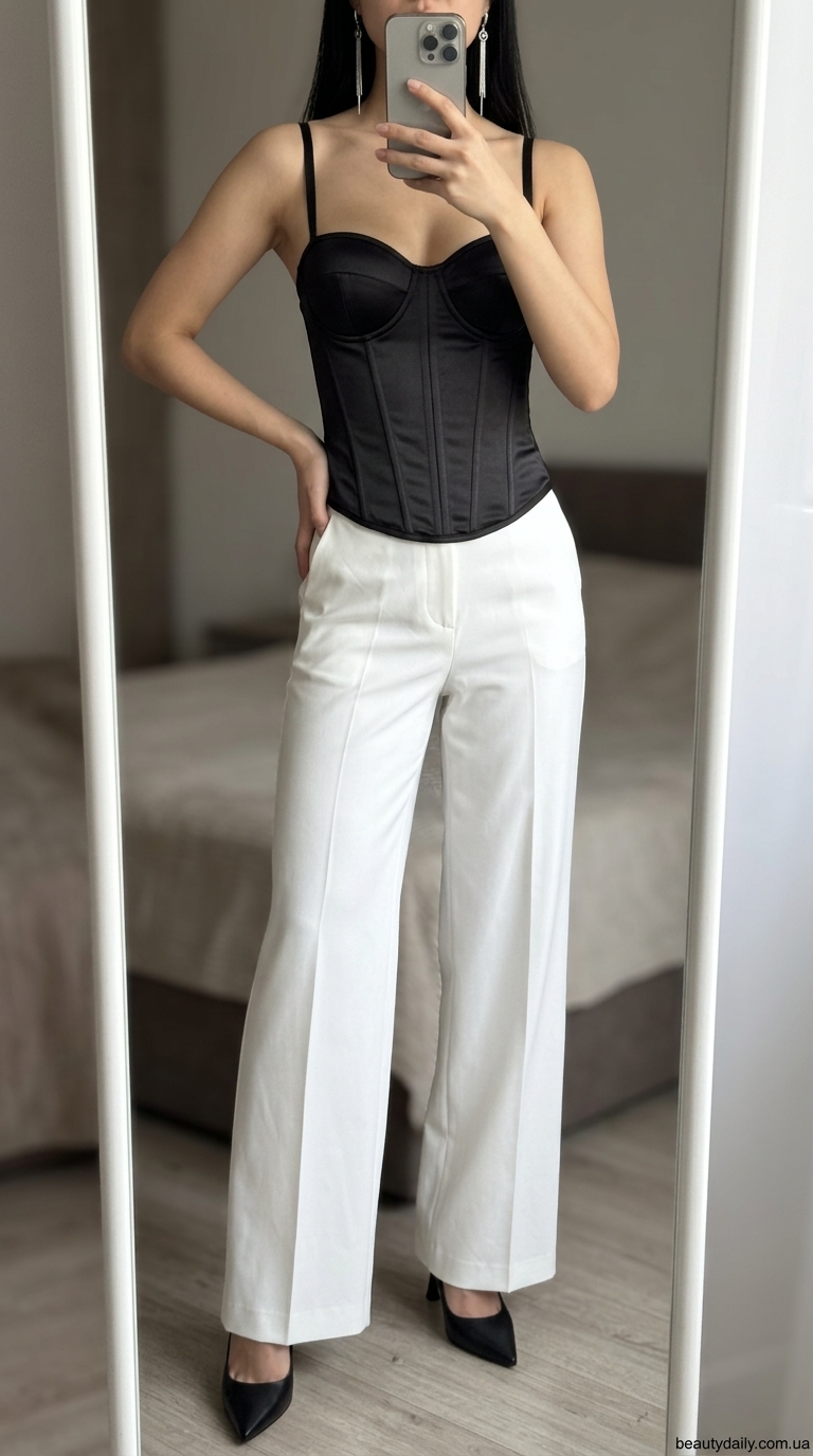 Чорний атласний топ-корсет, білі широкі штани та туфлі на шпильці для вечірнього виходу.