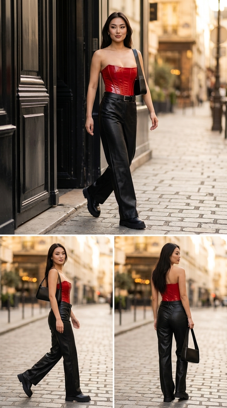 Бордовий топ-корсет зі шкіри, чорні штани з еко-шкіри та черевики на платформі для осені.