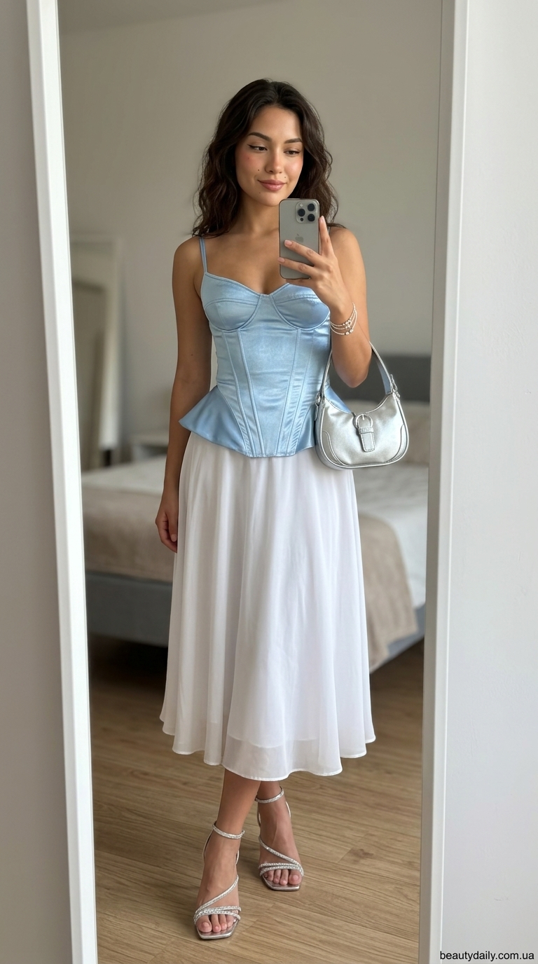 Блакитний атласний топ-корсет, біла плісирована спідниця та босоніжки для романтичного вечора.