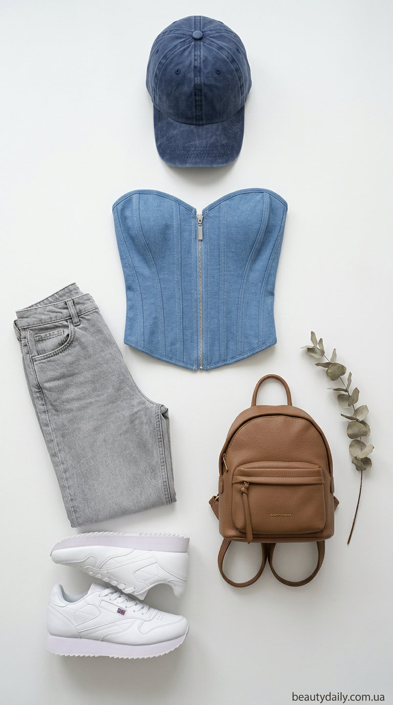 Денім топ-корсет, сірі джинси та білі кросівки для повсякденного образу.