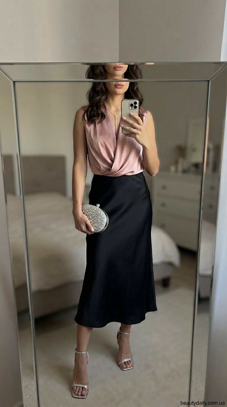 Весільний шик: чорна сатинова спідниця міді з вишивкою, пудровий шовковий топ, сріблясті босоніжки.