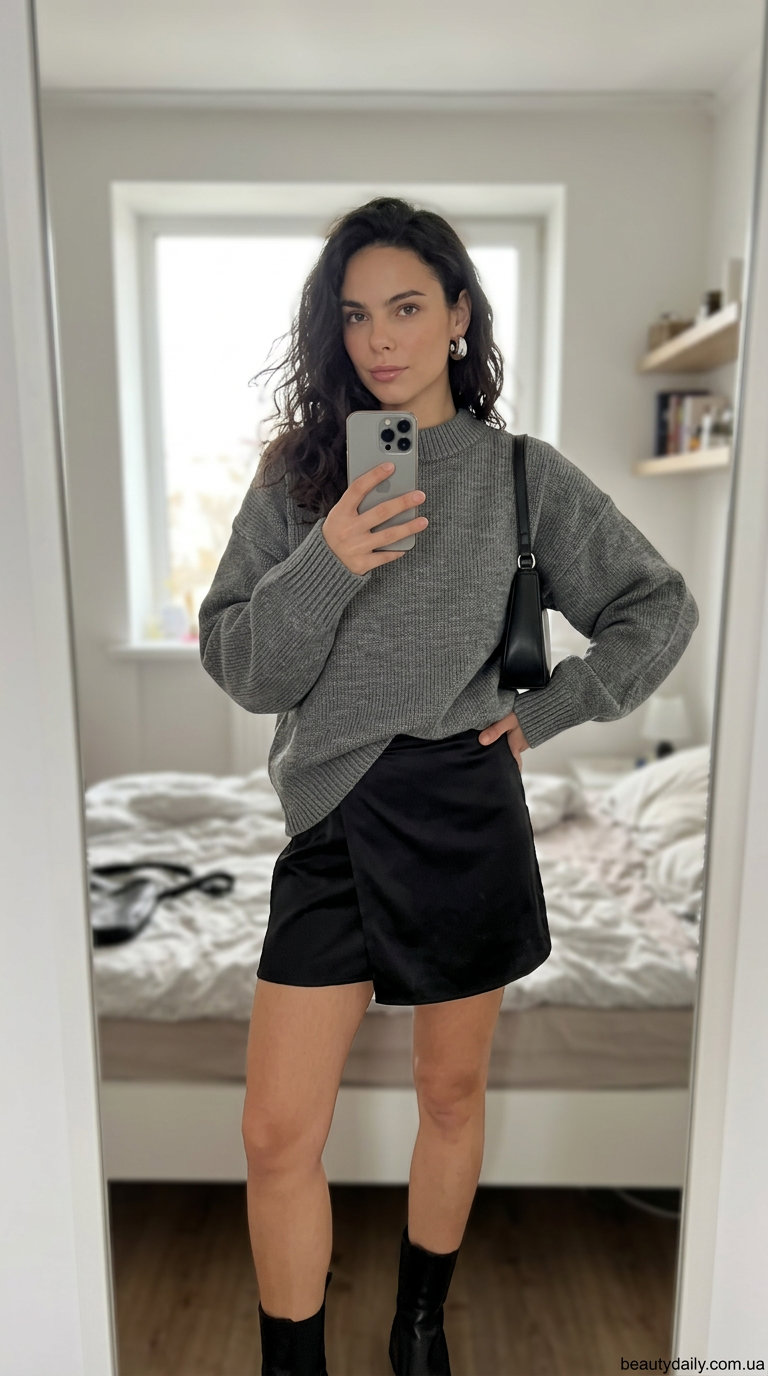 Текстурний образ: чорна сатинова спідниця міні, сірий об'ємний светр, високі чоботи.