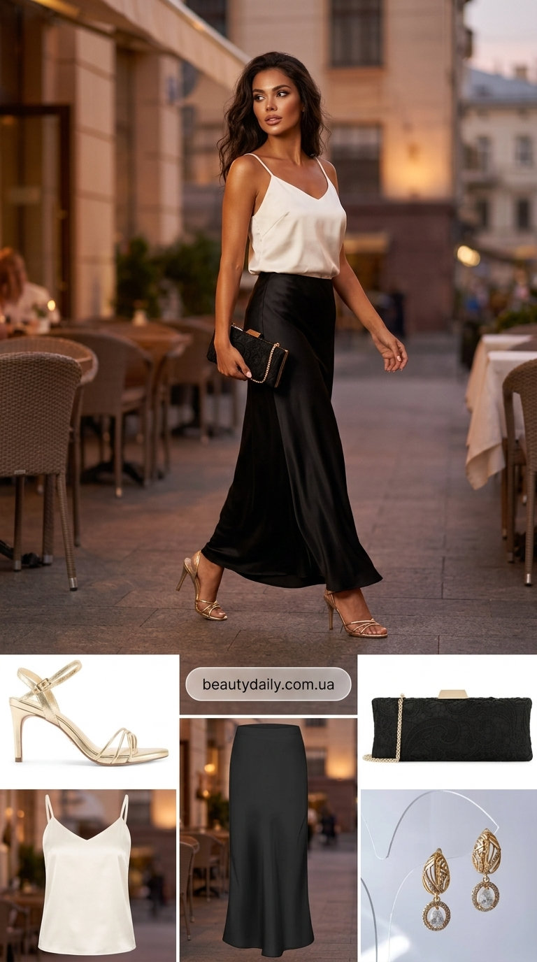 Елегантна вечеря: чорна сатинова спідниця максі із запахом, кремовий шовковий топ, золоті босоніжки.