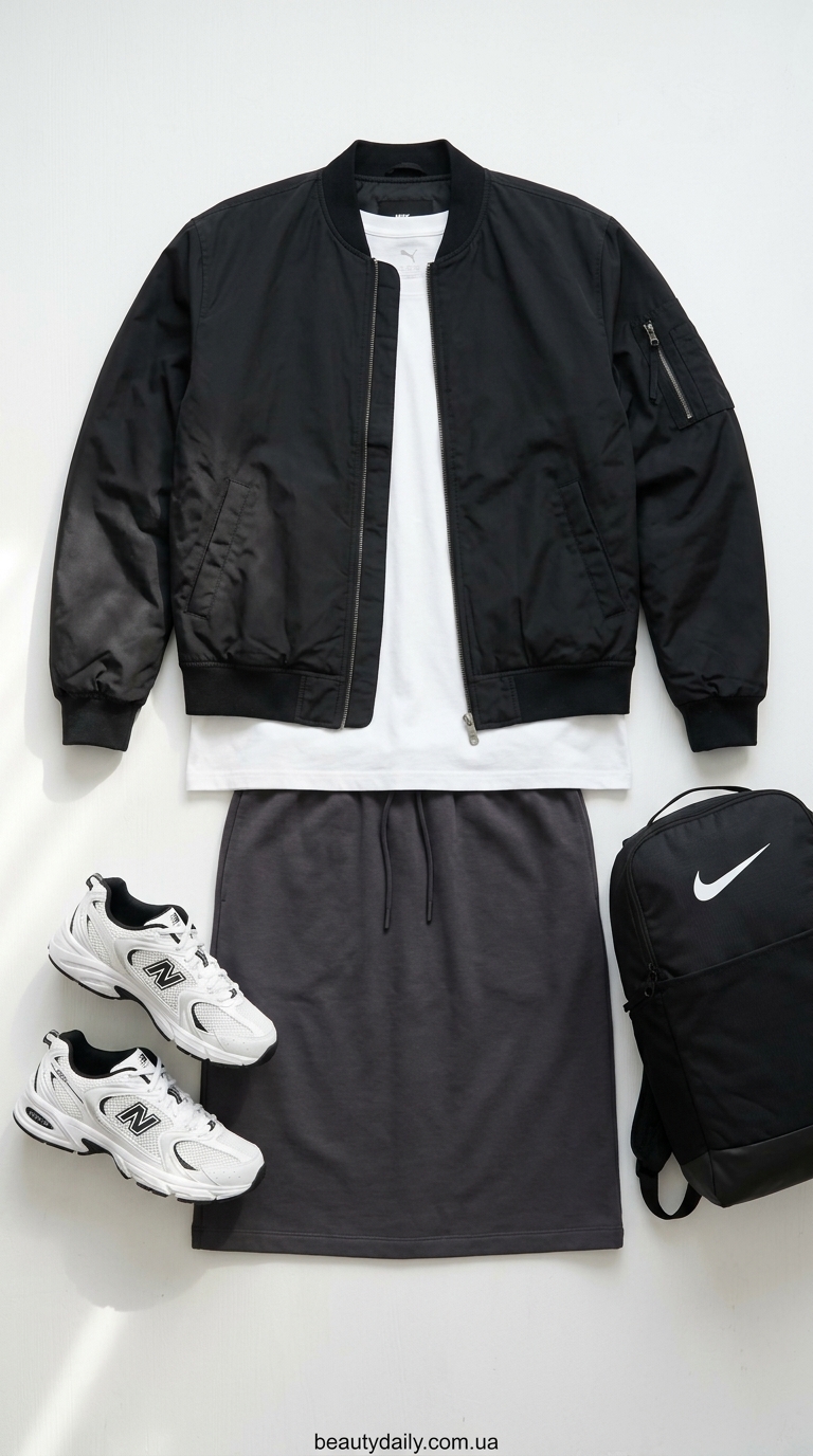 Спорт-шик: темно-сіра спідниця міді з трикотажу, біла футболка та чорний бомбер.