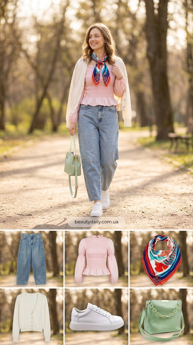 Модні джинси-бочки: з чим носити світло-блакитні джинси-бочки з білим кардиганом, пастельно-рожевим топом та кедами.