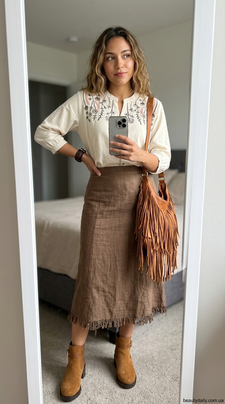 Бохо-шик: теракотова спідниця міді з етнічним принтом, кремова блуза та замшеві ботильйони.