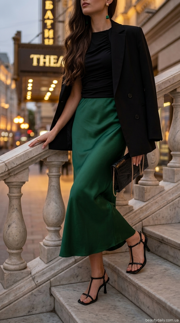 Розкішна смарагдова спідниця міді зі шкіряним бралеттом та жакетом для вечірнього виходу.