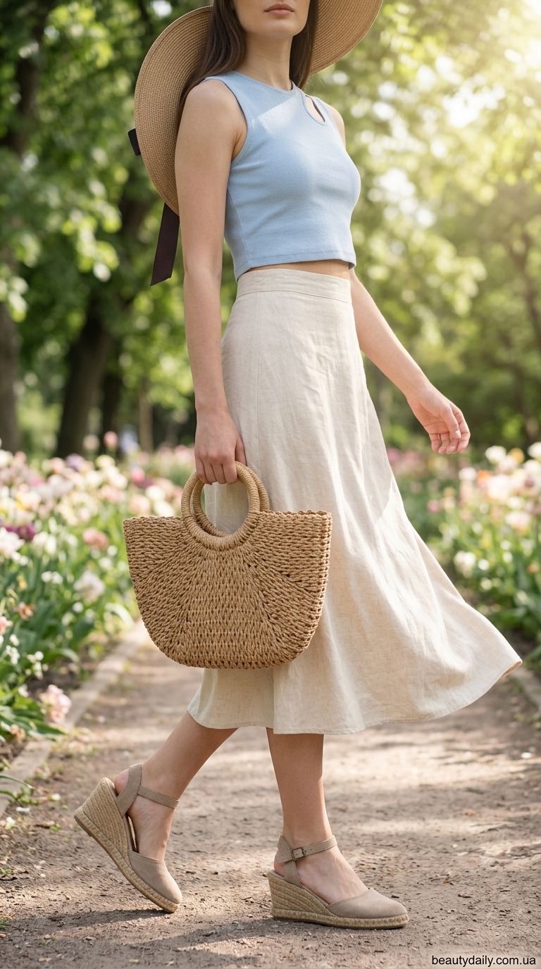 Романтичний образ: квіткова спідниця міді, блідо-зелений кроп-топ та солом'яний капелюх.