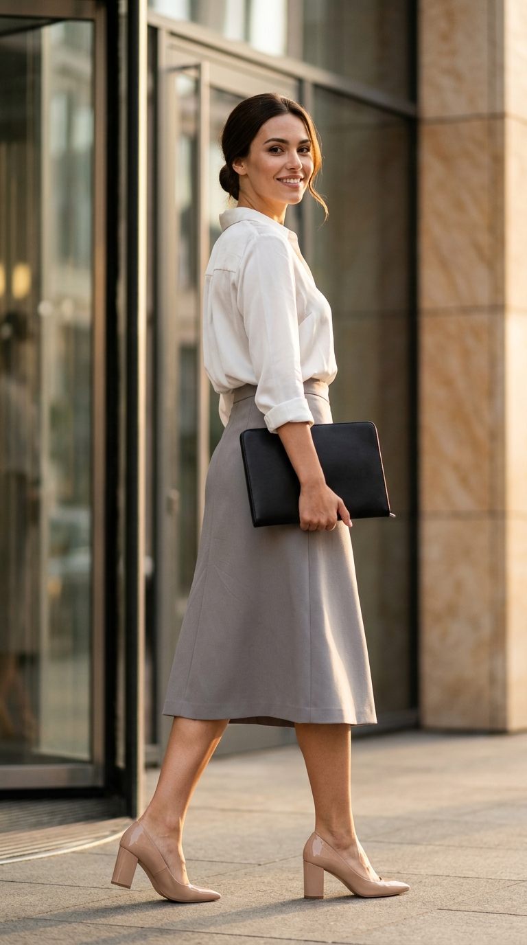 Бізнес-леді: чорна спідниця-олівець міді, шовкова блуза та класичні човники.