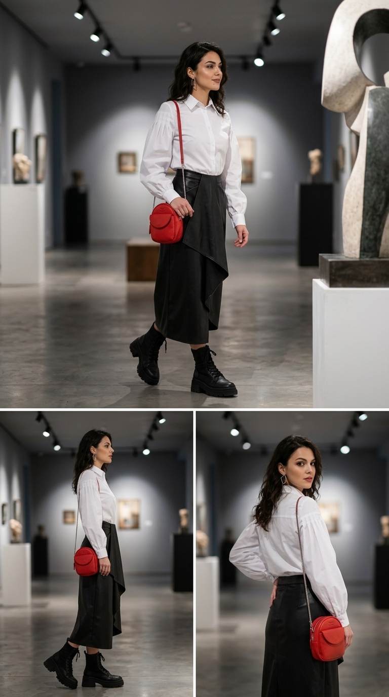 Авангардний образ: чорна асиметрична спідниця міді, біла сорочка та червона сумка-конус.