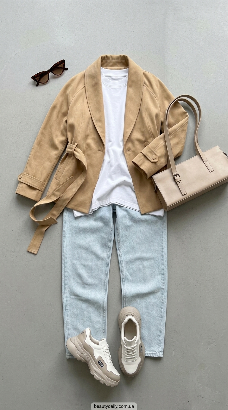 Модні джинси-бочки: з чим носити світло-блакитні джинси-бочки з білою футболкою, бежевим тренчем та кросівками.