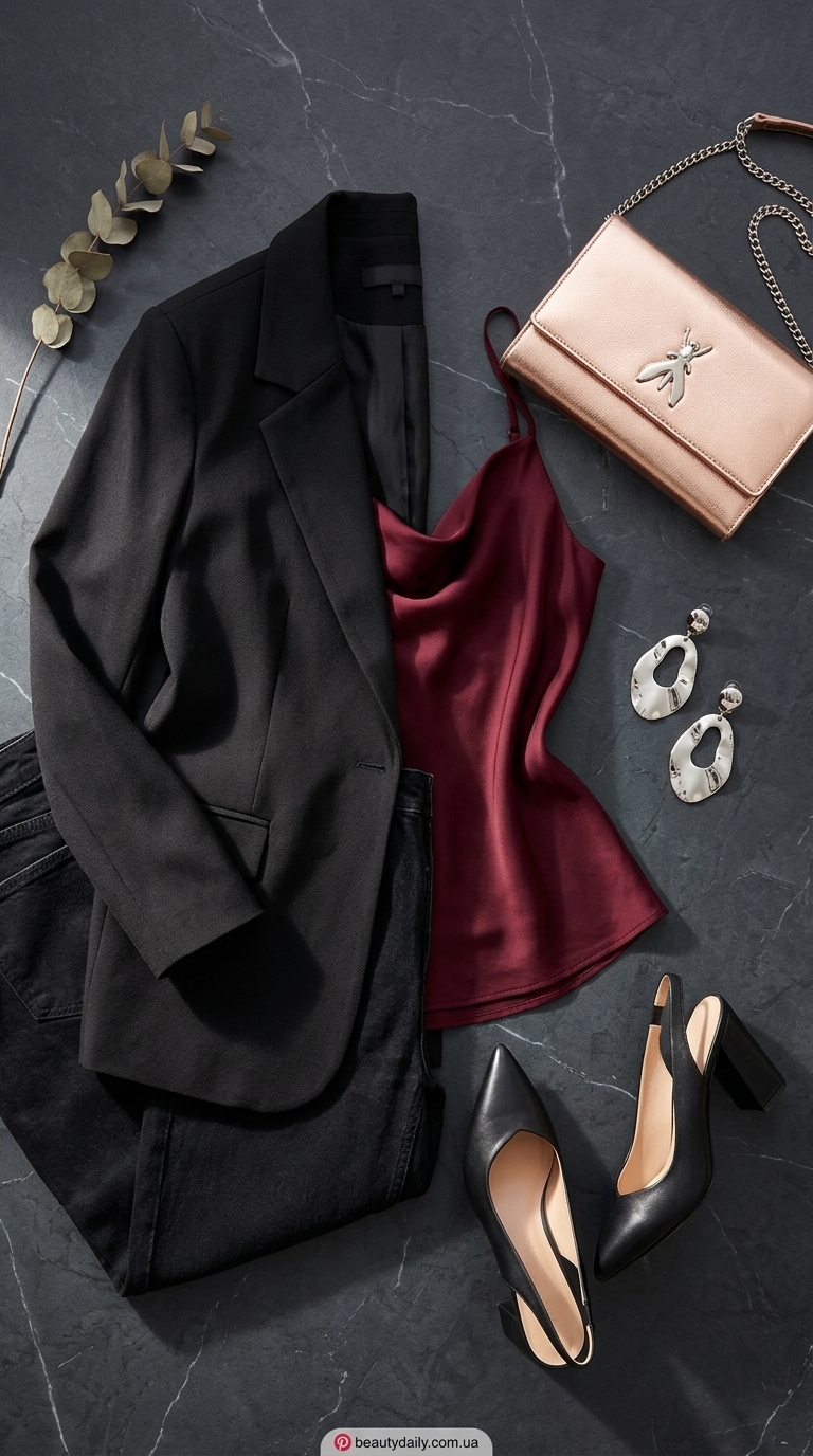 Кежуал-шик образ з чорними джинсами мом: шовковий топ, піджак, босоніжки. Як носити джинси мом.