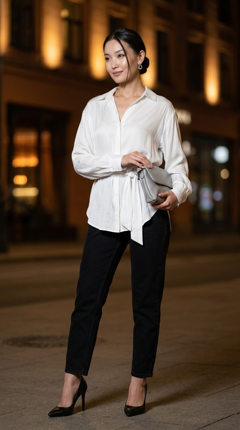 Мінімалістичний образ з чорними джинсами мом: шовкова блуза, туфлі на підборах, клатч. Як носити джинси мом.
