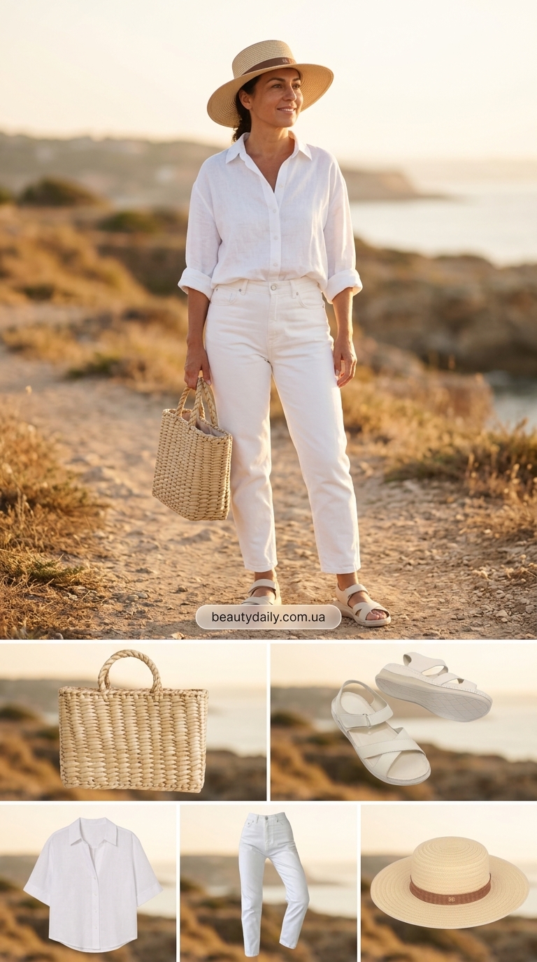 Літній образ з білими джинсами мом: лляна сорочка, плетена сумка, солом'яний капелюх. Як носити джинси мом.