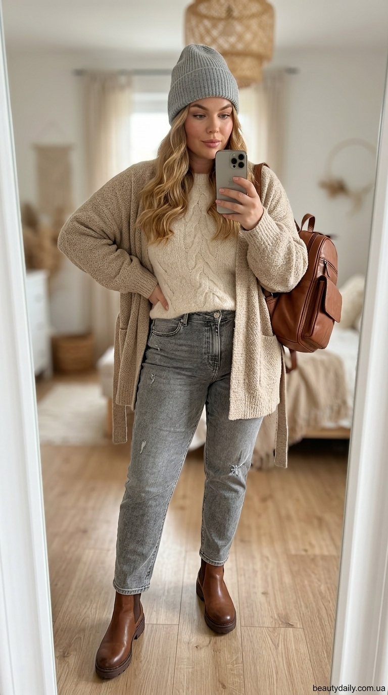 Затишний осінній образ з сірими джинсами мом: об'ємний светр, кардиган, шкіряні черевики. Як носити джинси мом.