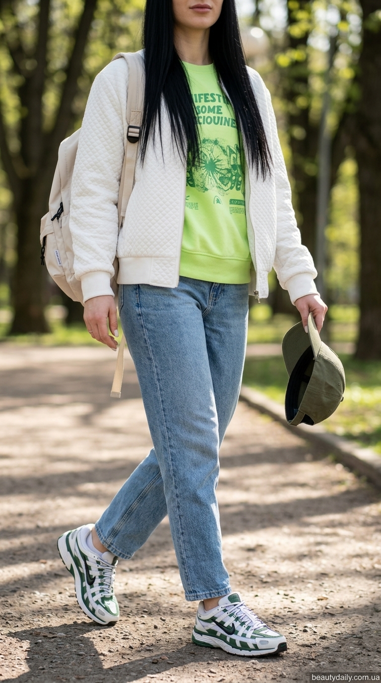 Спортивний образ з джинсами мом: світло-блакитні, пастельно-зелений світшот, бомбер. Як носити джинси мом.