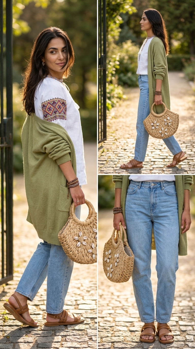 Модні джинси-бочки: з чим носити сині джинси-бочки з вишитою тунікою та кімоно з бахромою.