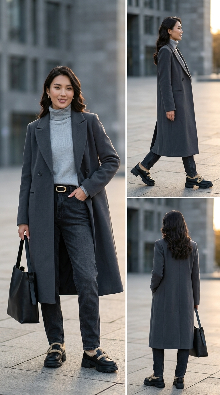 Модні джинси-бочки: з чим носити темно-сірі джинси-бочки з об'ємним светром та пальто-халатом.